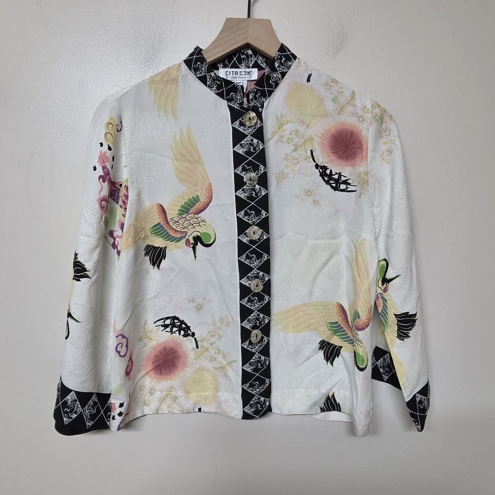 Citron Santa Monica Silk Jacket PXS Asian Dragon Crane Floral Art Print Button